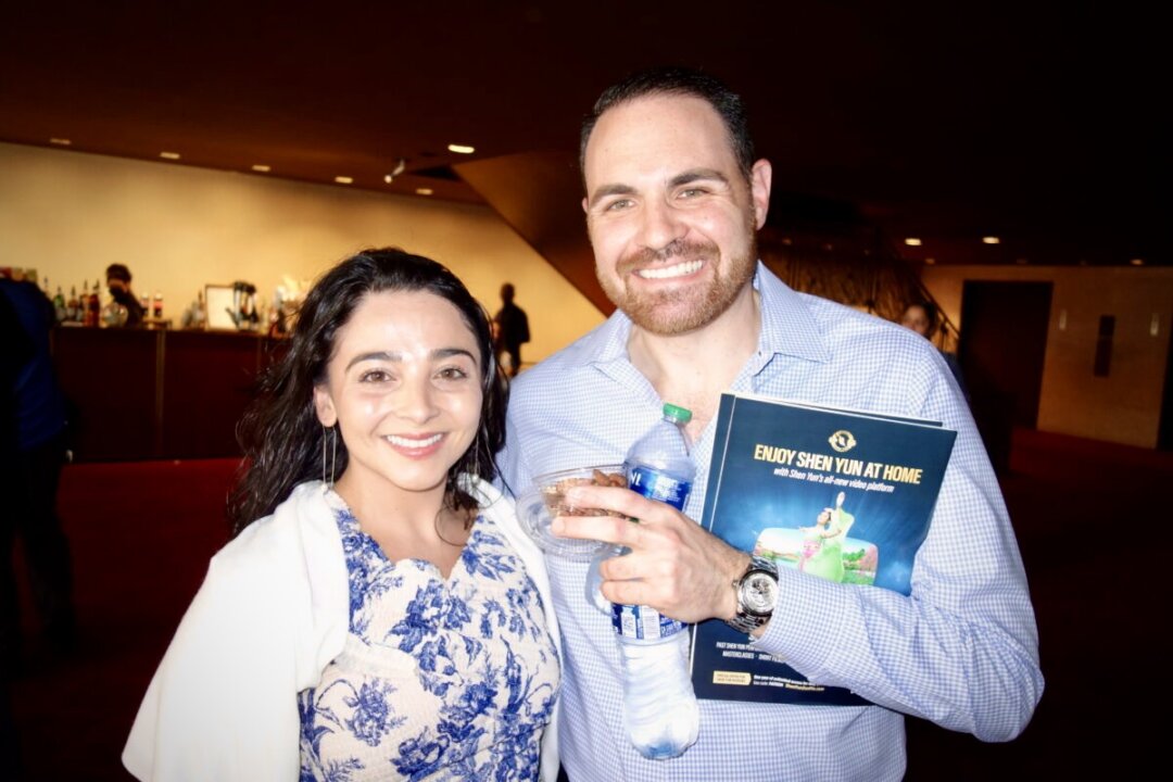 Emily Marti and Justin Dipoto enjoyed Shen Yun Performing Arts at Lincoln Center, New York City, on April 16, 2023. (Lily Yu/The Epoch Times)