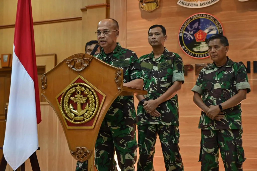 Indonesian military spokesman Julius Widjojono (2nd L) speaks during a press conference at the military headquarter in Jakarta on April 16, 2023. (Adek Berry/AFP via Getty Images)