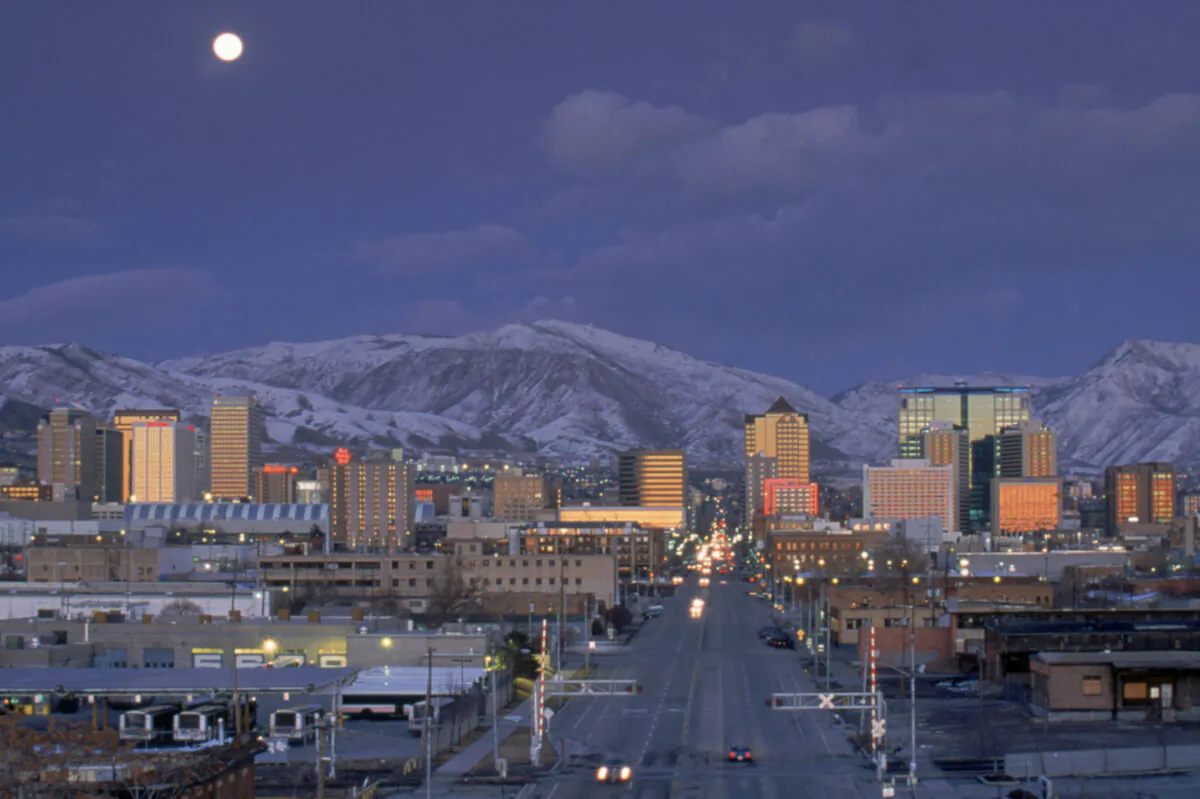 The Salt Lake City skyline taken in Salt Lake CIty, Utah, on Feb. 18, 2002. (Brian Bahr/Getty Images)