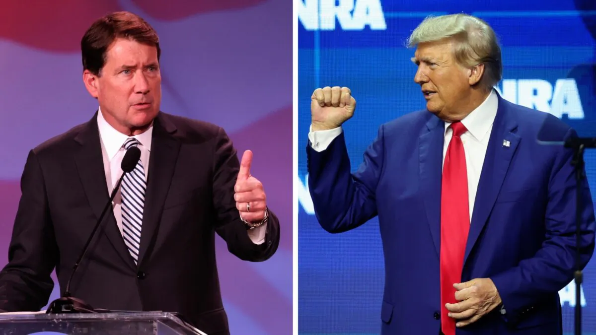 (Left) Sen. Bill Hagerty (R-Tenn.) at the Republican Jewish Coalition Annual Leadership Meeting in Las Vegas, Nevada, on Nov. 18, 2022. (Scott Olson/Getty Images); (Right) Former President Donald Trump at the 2023 NRA-ILA Leadership Forum in Indianapolis, Indiana, on April 14, 2023. (Scott Olson/Getty Images)