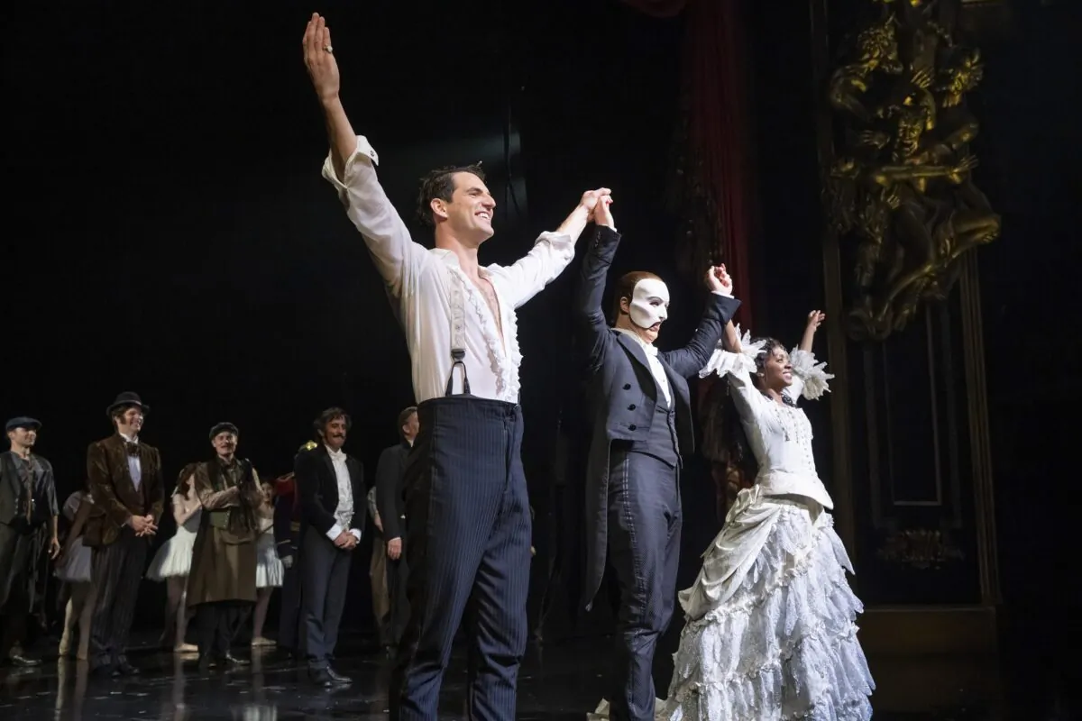 "The Phantom of the Opera" cast appear at the curtain call following the final Broadway performance at the Majestic Theatre in New York on April 16, 2023. (Charles Sykes/Invision/AP)