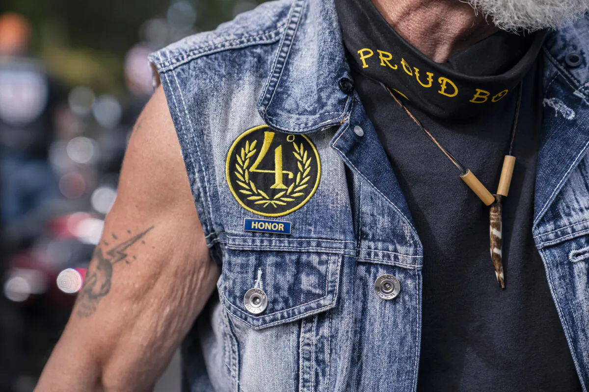 A leader of the Portland Proud Boys appears at a gathering in Gladstone, Ore., on July 16, 2022. (Nathan Howard/Getty Images)