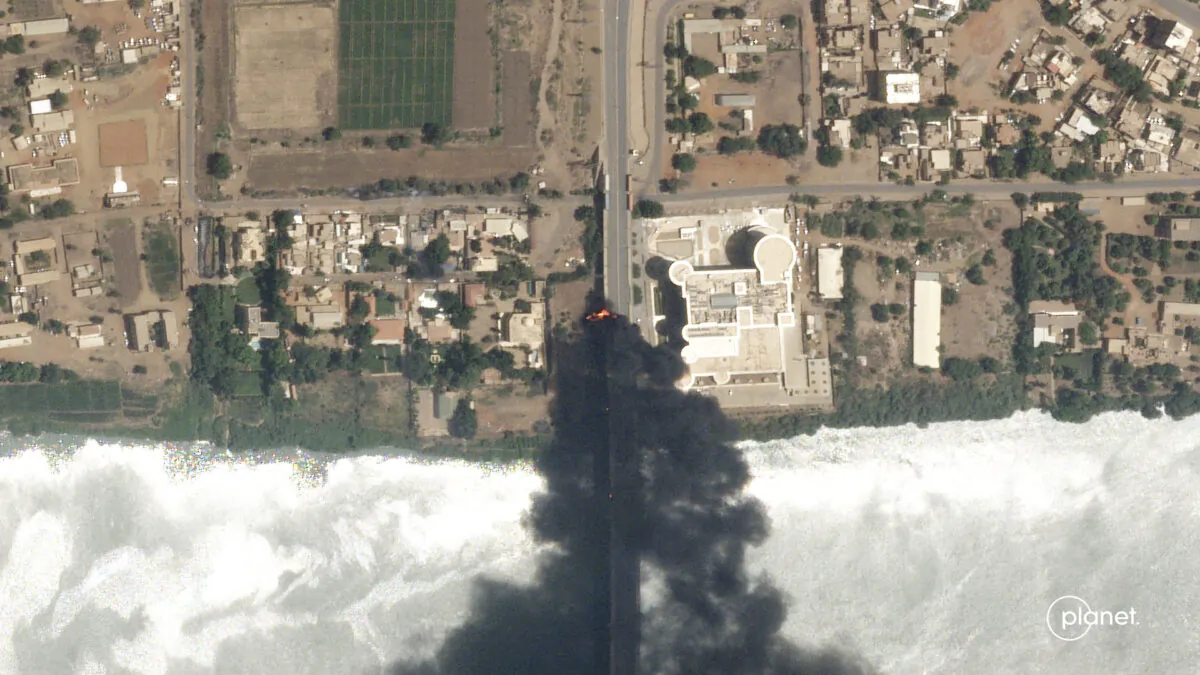 Fires are burning near a hospital in Khartoum, Sudan, on April 16, 2023. (Planet Labs PBC via AP)