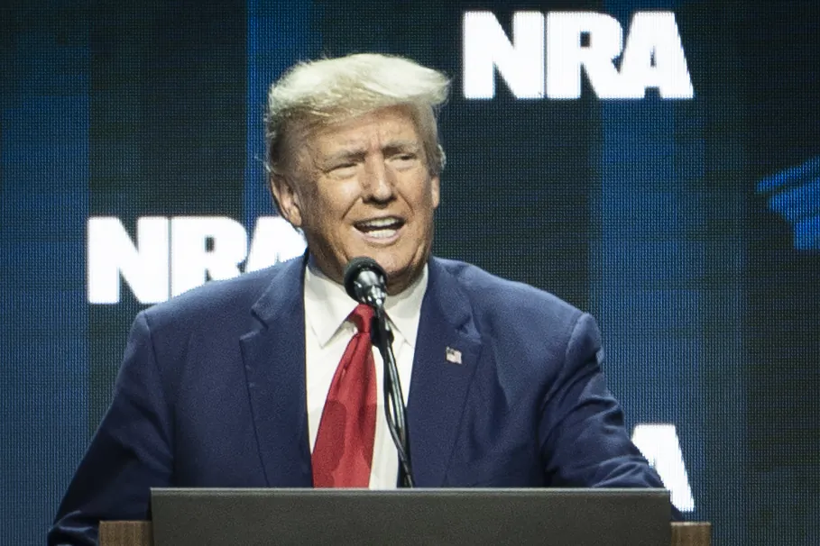 Former President Donald J. Trump speaks at the National Rifle Association's annual meeting in Indianapolis, Ind., on April 14, 2023. (Madalina Vasiliu/The Epoch Times)