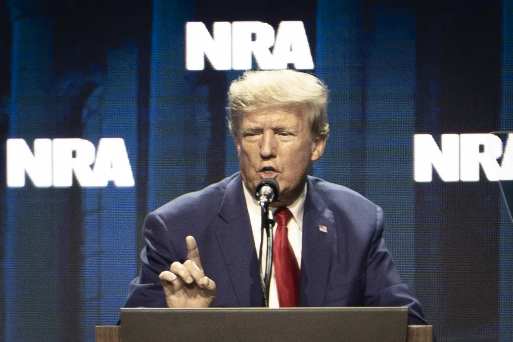 Former President Donald J. Trump speaks at the National Rifle Association in Indianapolis, Ind., on April 14, 2023. (Madalina Vasiliu/The Epoch Times)