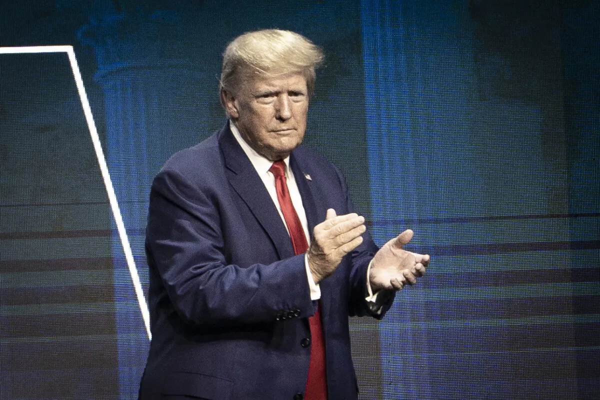 Former President Donald J. Trump speaks at the National Rifle Association in Indianapolis, Ind., on April 14, 2023. (Madalina Vasiliu/The Epoch Times)