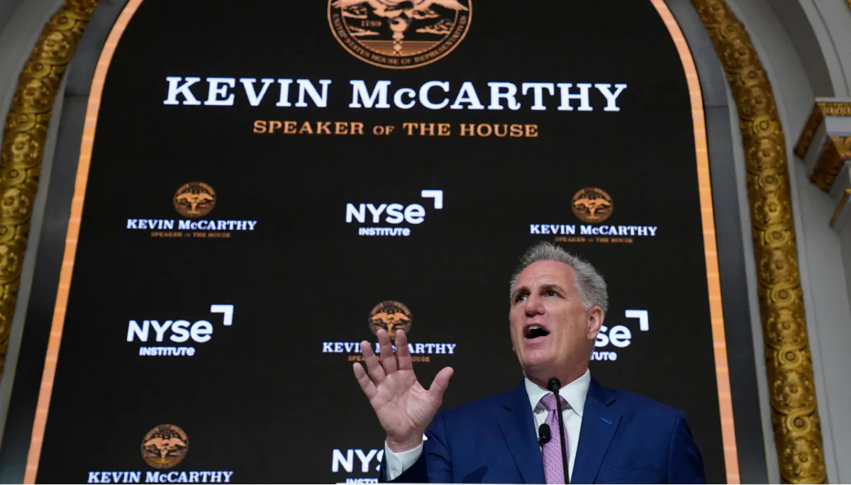House Speaker Kevin McCarthy delivers a speech on the econony at the New York Stock Exchange (NYSE) on April 17, 2023. (Timothy A. Clary /AFP via Getty Images)