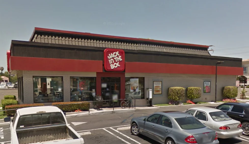 The Jack-in-the-Box restaurant at the intersection of Brookhurst Street and Ball Road in Anaheim, Calif., in a street image. (Screenshot via GoogleMaps.com)