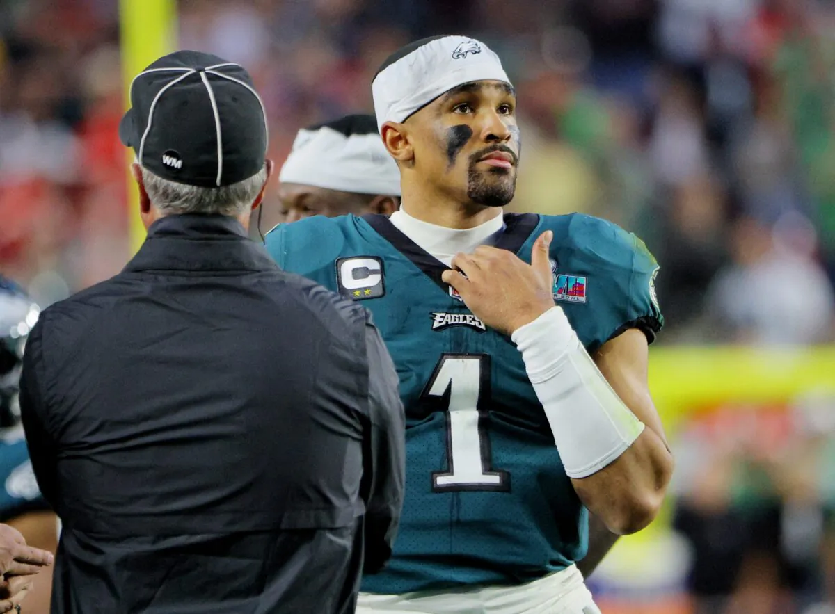 Philadelphia Eagles' Jalen Hurts looks on during the Super Bowl LVII - Kansas City Chiefs v Philadelphia Eagles NFL football match at State Farm Stadium in Glendale, Ariz., on Feb. 12, 2023. (Brian Snyder/Reuters)