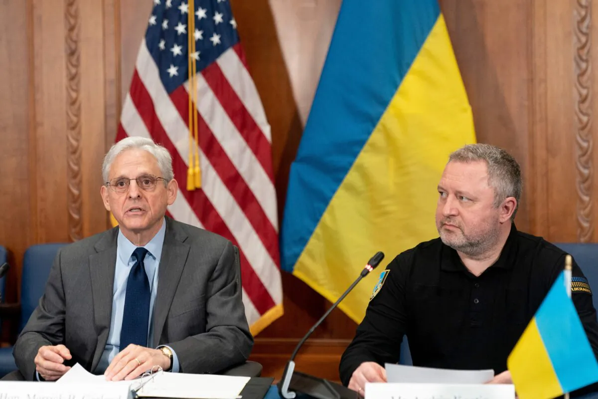 Attorney General Merrick Garland meets with Ukrainian Prosecutor General Andriy Kostin (R) at the Department of Justice in Washington on April 17, 2023. (Stefani Reynolds/AFP via Getty Images)