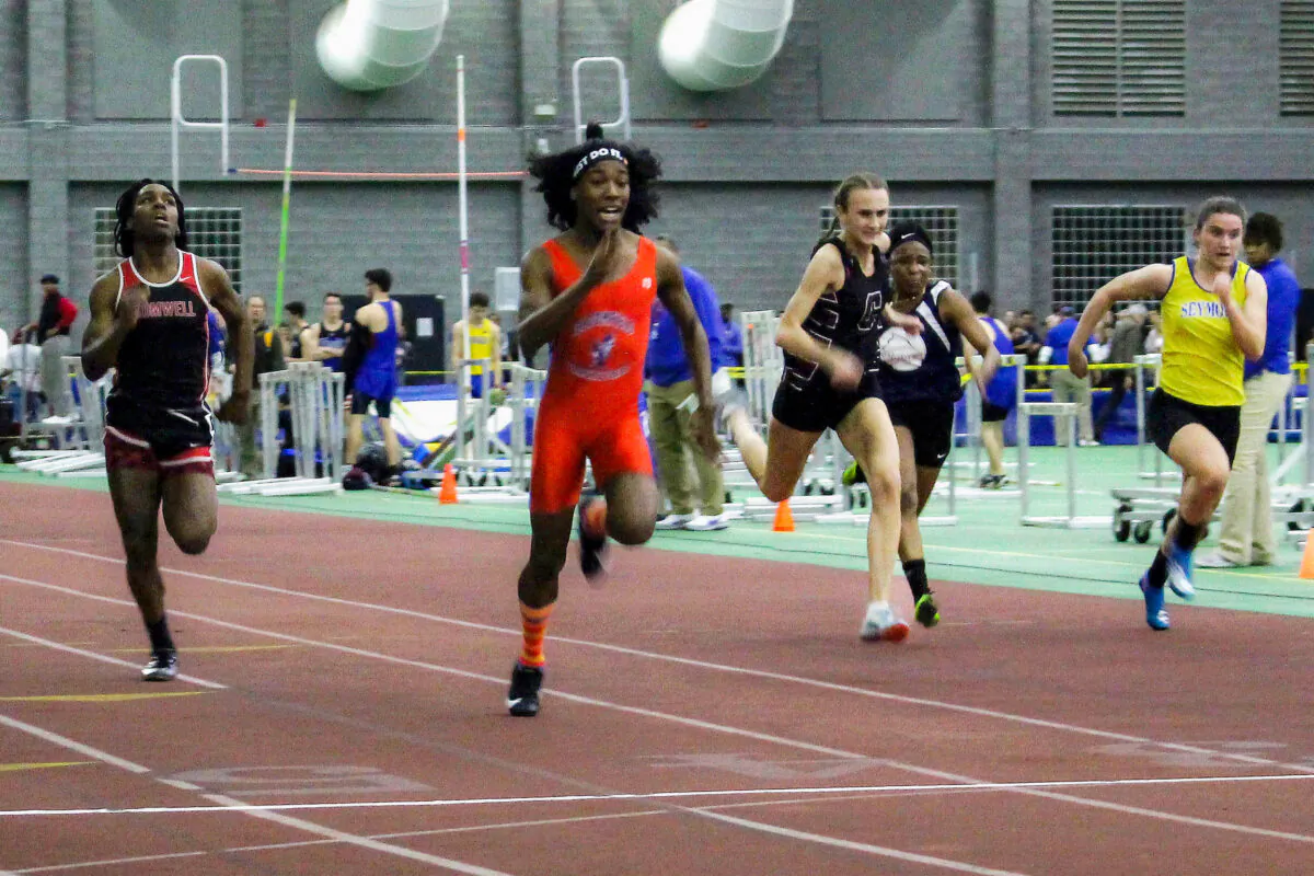 Bloomfield High School transgender athlete Terry Miller (2L) wins the final of the 55-meter dash over transgender athlete Andraya Yearwood (L) and other runners in the Connecticut girls Class S indoor track meet at Hillhouse High School in New Haven, Conn., on Feb. 7, 2019. (Pat Eaton-Robb/AP Photo)
