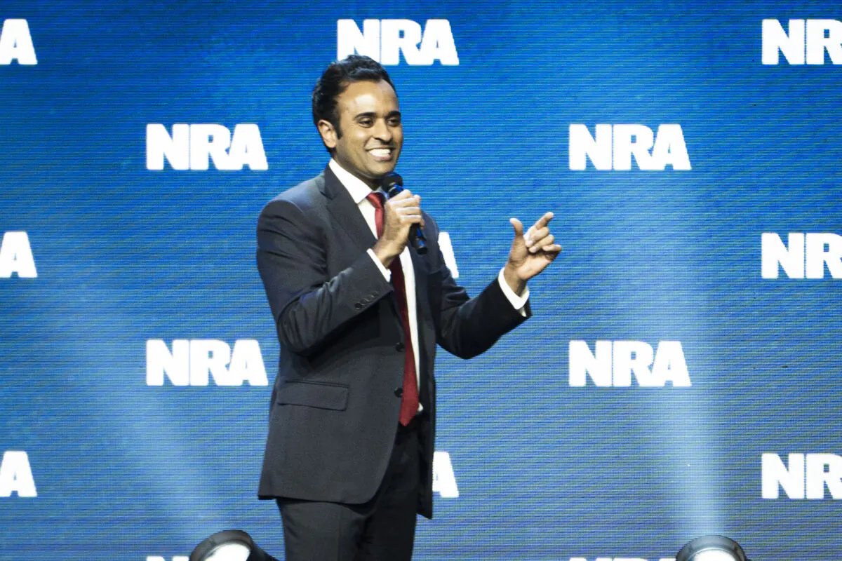 Republican presidential candidate Vivek Ramaswamy speaks at the National Rifle Association annual convention in Indianapolis, Ind., on April 14, 2023. (Madalina Vasiliu/The Epoch Times)