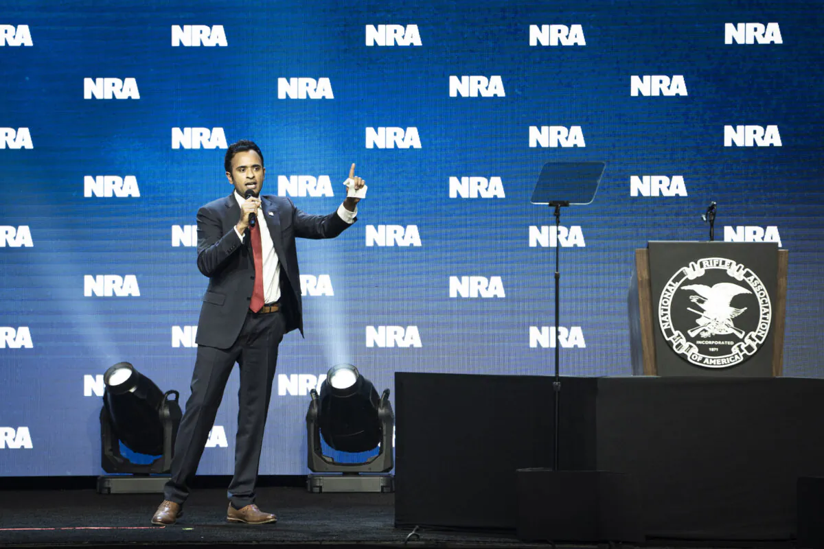 Republican presidential candidate Vivek Ramaswamy speaks at the National Rifle Association annual convention in Indianapolis, Ind., on April 14, 2023. (Madalina Vasiliu/The Epoch Times)