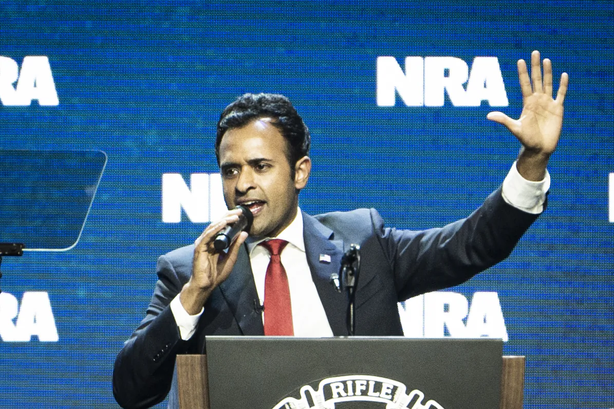 Republican presidential candidate Vivek Ramaswamy speaks at the National Rifle Association annual convention in Indianapolis, Ind., on April 14, 2023. (Madalina Vasiliu/The Epoch Times)