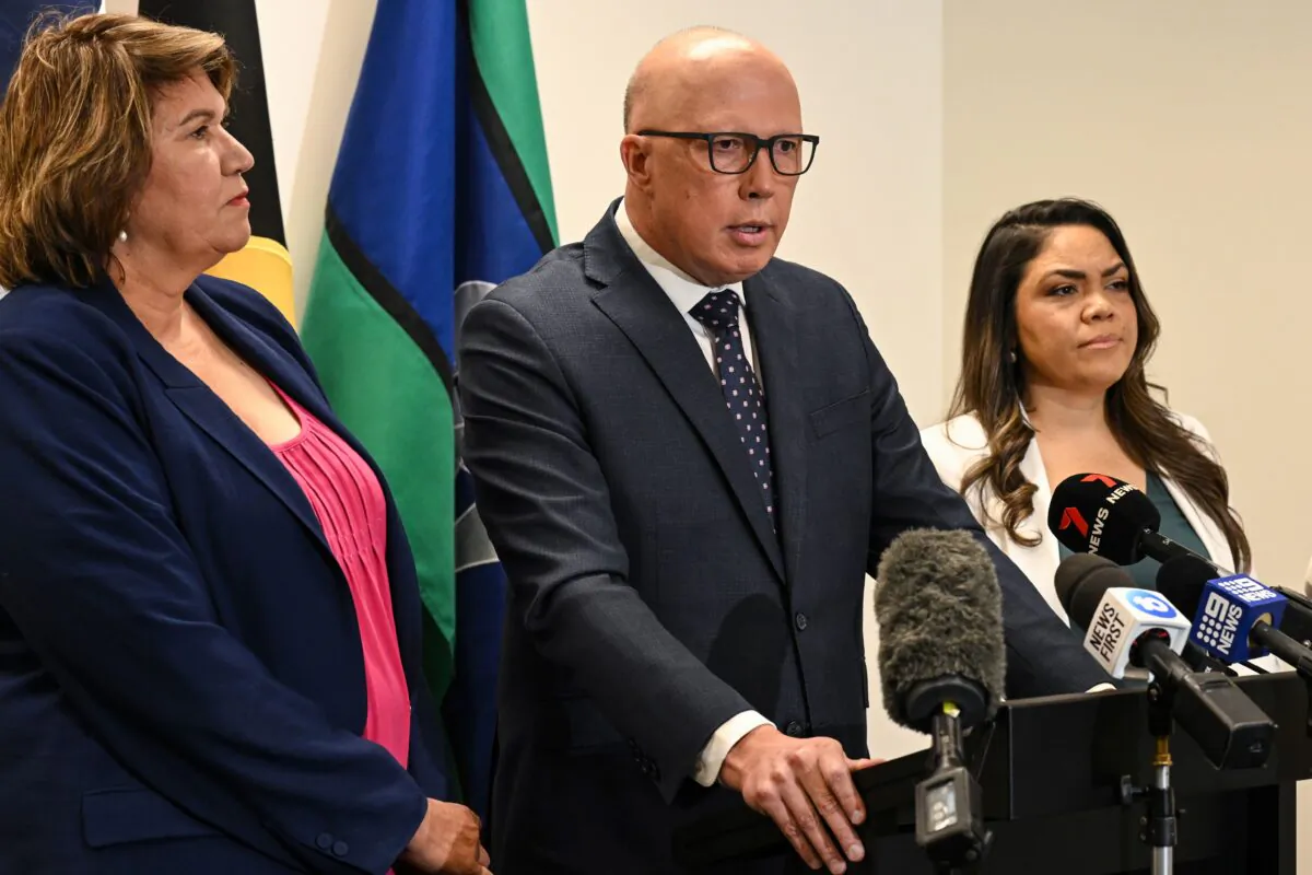Australian Opposition Leader Peter Dutton (C) speaks to media during a press conference alongside Indigenous Senators Kerrynne Liddle (L) and Jacinta Price (R) in Adelaide, Australia on April 18, 2023. (AAP Image/Michael Errey)