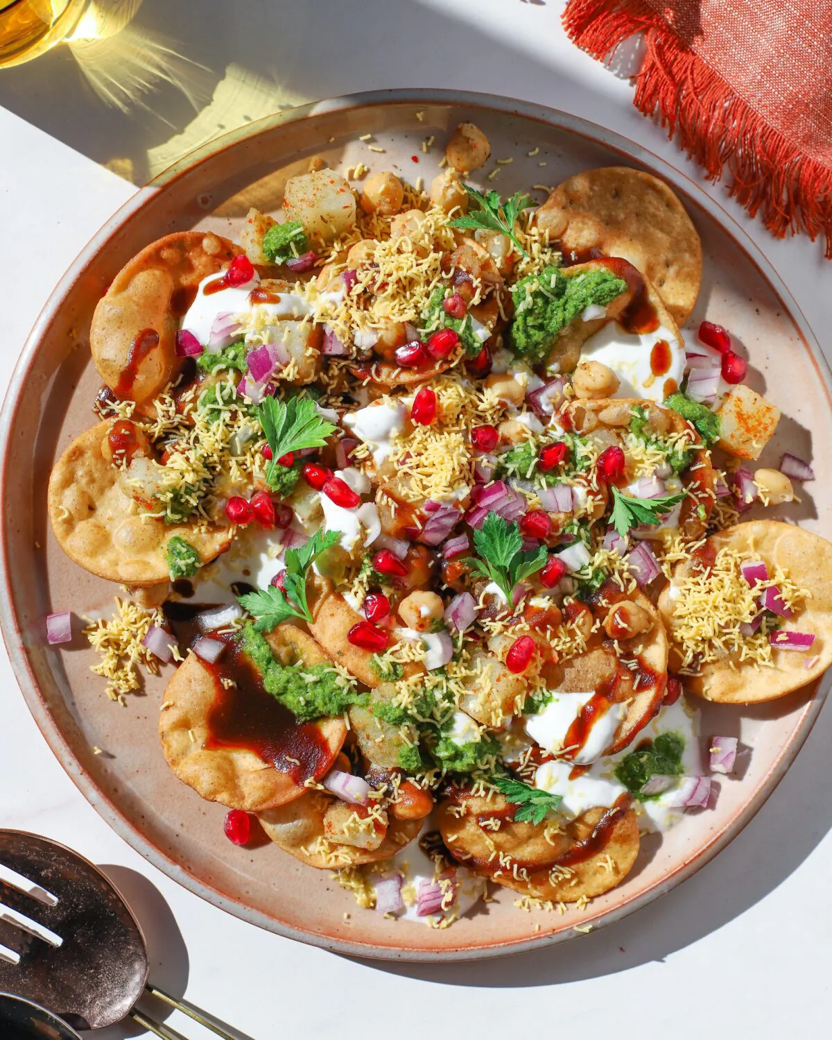 This South Asian street snack features boiled potato, chickpeas and a range of different chutneys, all sprinkled with a chaat masala spice blend.