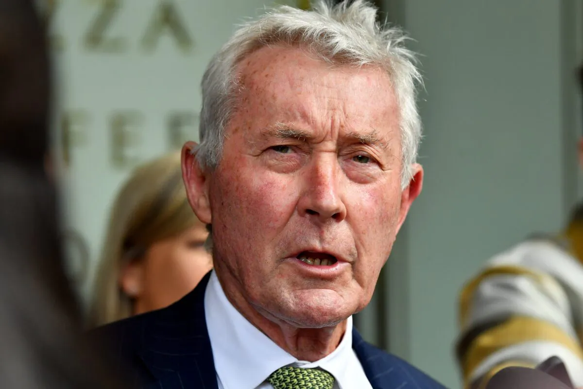 Bernard Collaery, barrister for Alexander Csergo, speaks to media outside the Downing Centre Local Court in Sydney, on April 17, 2023. Alexander Csergo, 55, is set to face court charged with reckless foreign interference. (AAP Image/Bianca De Marchi)