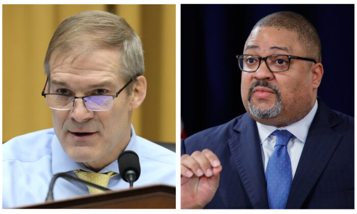 (L) Rep. Jim Jordan (R-Ohio), chairman of the House Judiciary Committee, on Capitol Hill in Washington, Feb. 1, 2023. (Drew Angerer/Getty Images); (R) Manhattan District Attorney Alvin Bragg in New York City on April 4, 2023. (Kena Betancur/Getty Images)