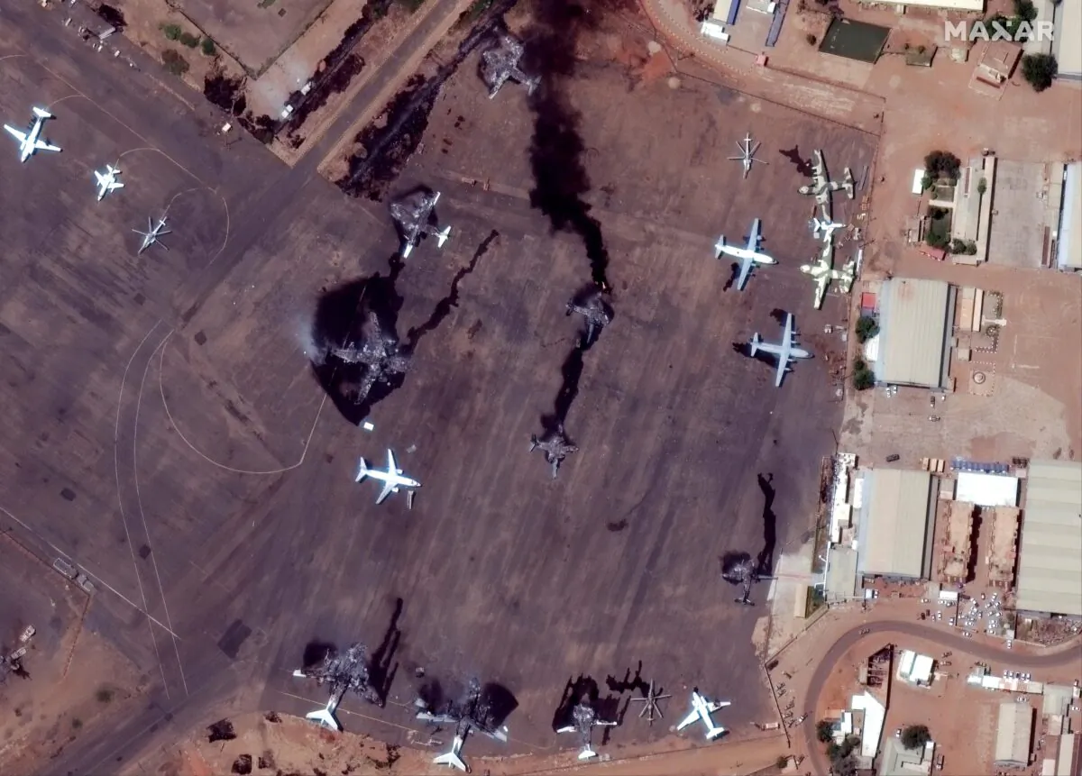 Destroyed airplanes in Khartoum International Airport, Sudan, on April 17, 2023. (Satellite image ©2023 Maxar Technologies via AP)