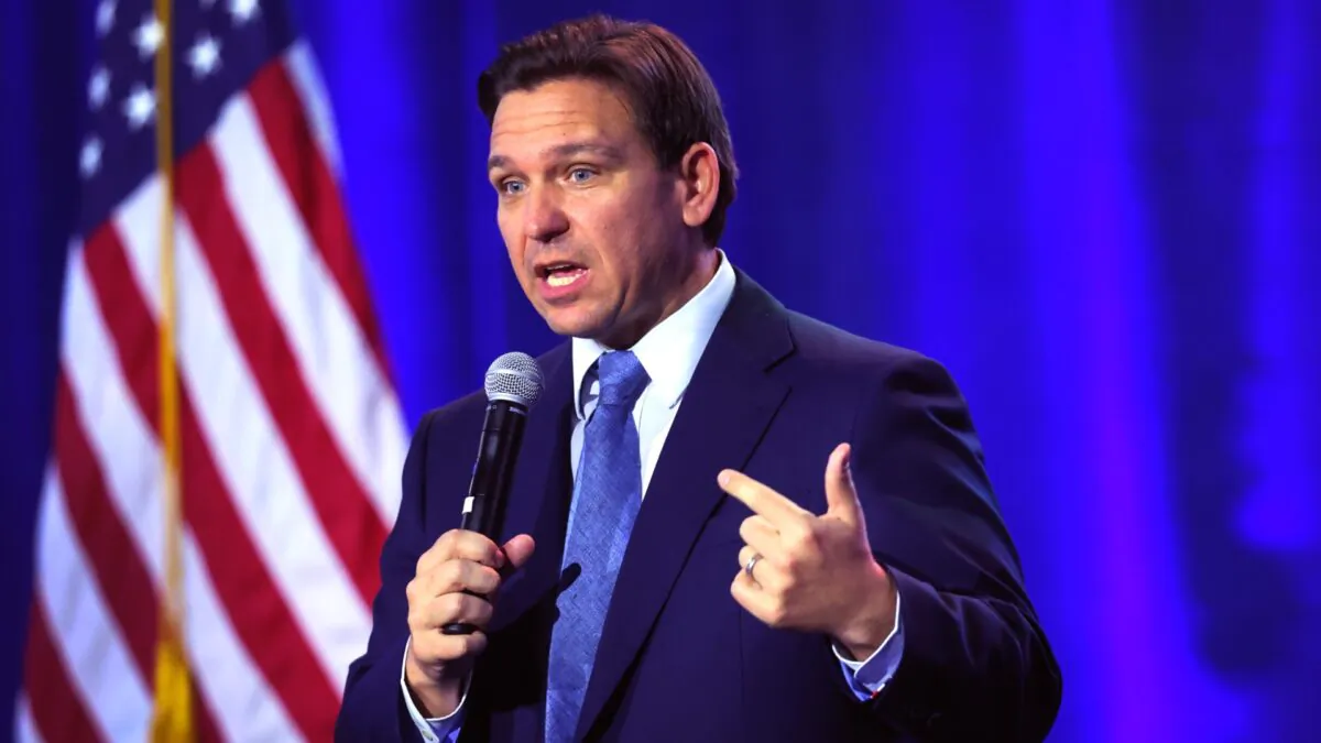 Florida Gov. Ron DeSantis speaks to Iowa voters gathered at the Iowa State Fairgrounds in Des Moines, Iowa, on March 10, 2023. (Scott Olson/Getty Images)