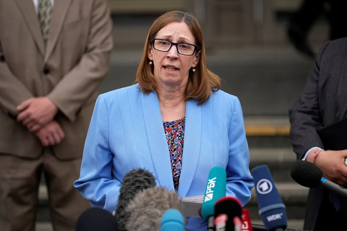 U.S. Ambassador to Russia Lynne Tracy speaks to the media after a hearing of Wall Street Journal reporter Evan Gershkovich's case at the Moscow City Court, in Moscow on April 18, 2023. (Alexander Zemlianichenko/AP Photo)