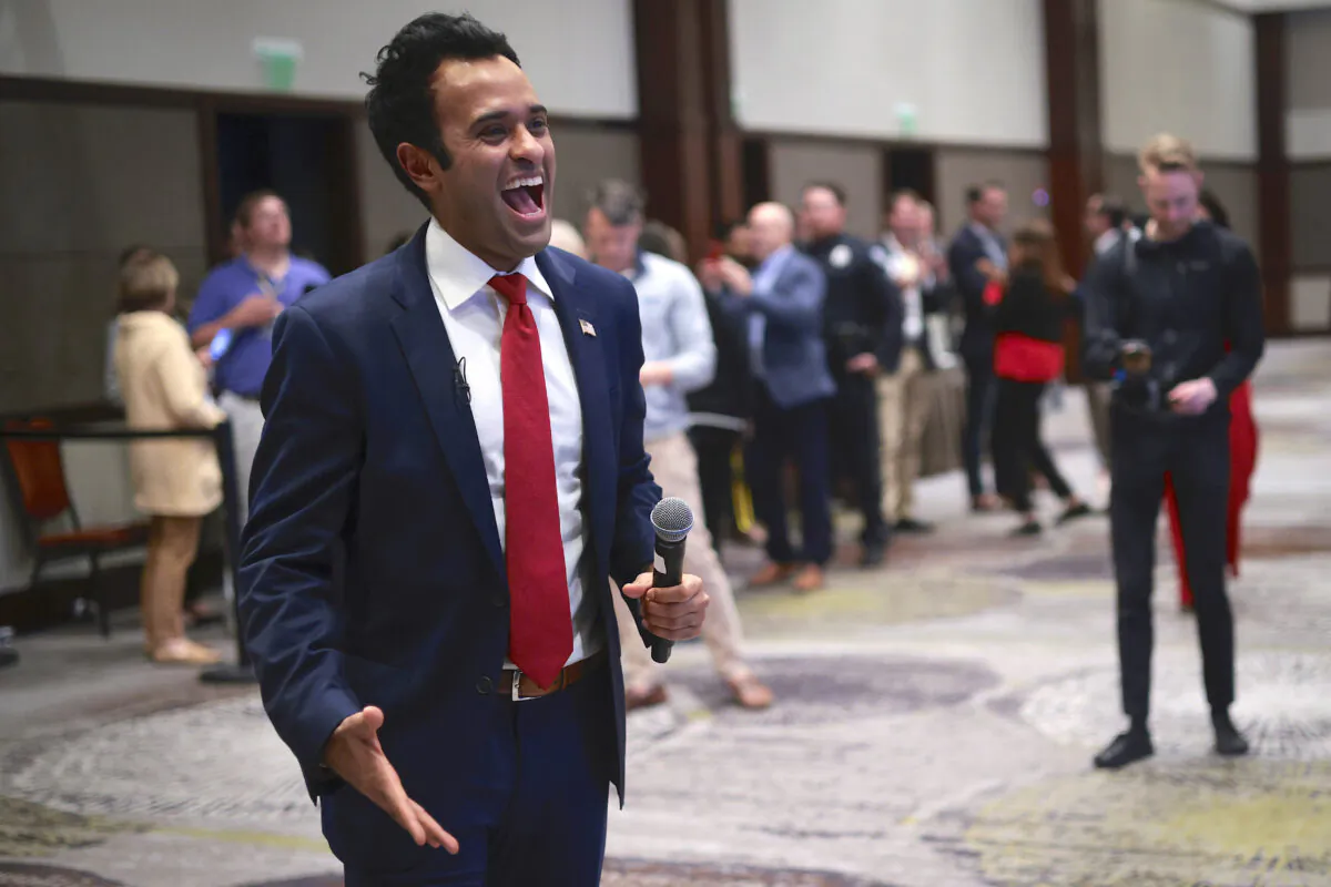 Republican presidential candidate Vivek Ramaswamy laughs before taking the stage at the Vision ’24 National Conservative Forum in Charleston, S.C., on March 18, 2023. (Win McNamee/Getty Images)