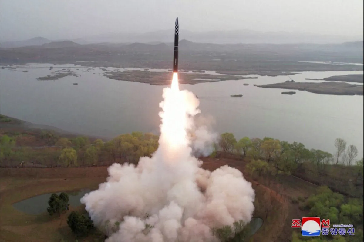 A view of a test launch of a new solid-fuel intercontinental ballistic missile (ICBM) Hwasong-18 at an undisclosed location in this still image of a photo used in a video released by North Korea's Korean Central News Agency (KCNA), on April 14, 2023. (KCNA via Reuters)