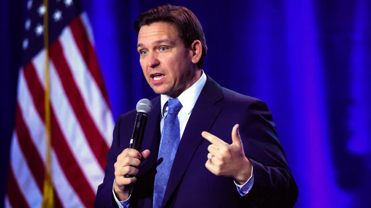 Florida Gov. Ron DeSantis speaks to Iowa voters gathered at the Iowa State Fairgrounds in Des Moines, Iowa, on March 10, 2023. (Scott Olson/Getty Images)
