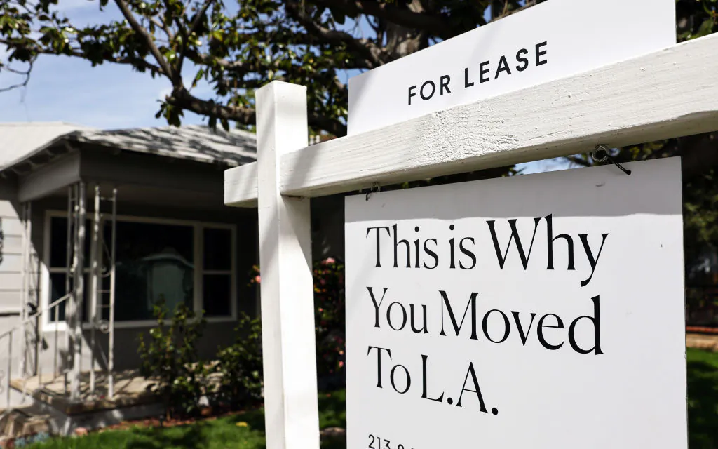 A "For Lease" sign is posted in front of a house available for rent in Los Angeles on March 15, 2022. (Mario Tama/Getty Images)
