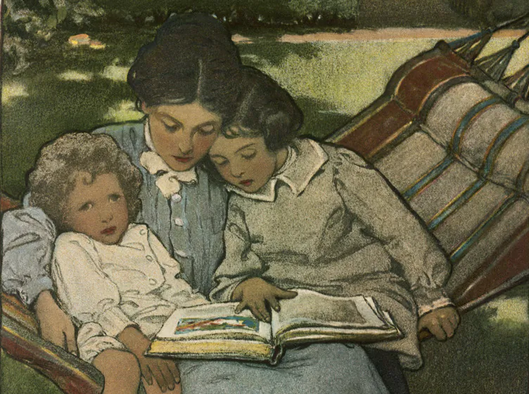 A mother reads to her children in this illustration by American artist Jessie Willcox Smith (1863–1935). (Public domain)