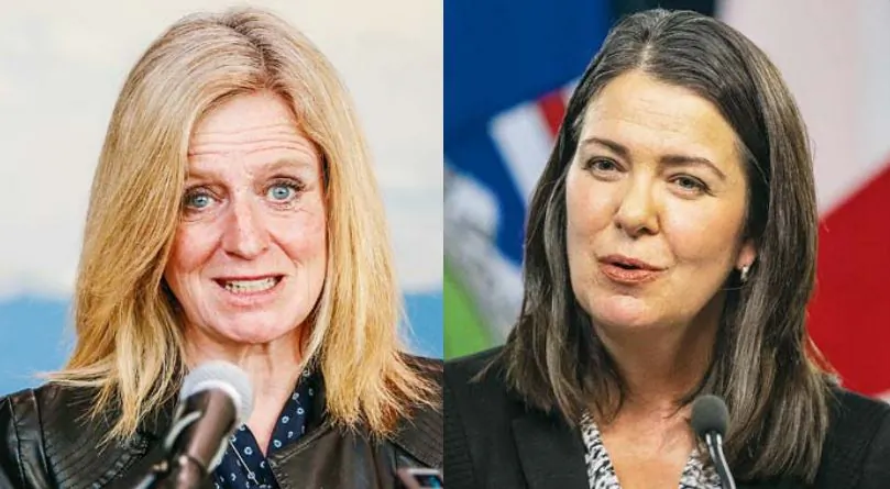 Alberta NDP Leader Rachel Notley (L) and UCP Leader Danielle Smith. (Jason Franson; Jeff McIntosh/The Canadian Press)