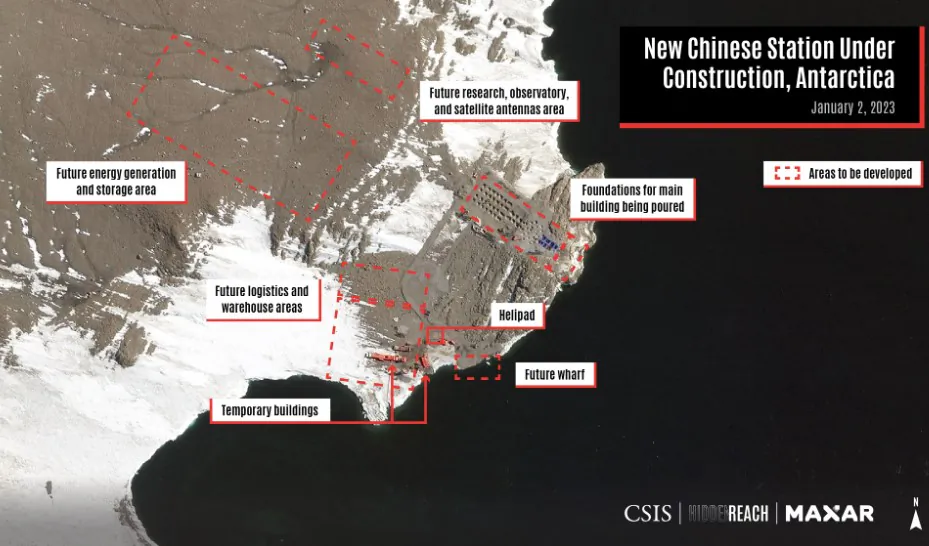A satellite view with overlays shows areas to be developed at the new Chinese station under construction, on Inexpressible Island, Antarctica, January 2, 2023. Center for Strategic and International Studies (CSIS)/Hidden Reach/Maxar Technologies 2023/Handout via REUTERS
