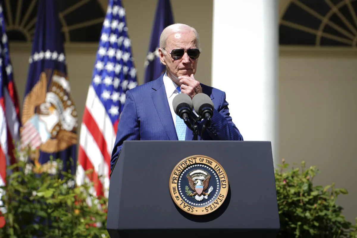 President Joe Biden speaks about supporting families, care workers, and family caregivers at the Rose Garden of the White House in Washington on April 18, 2023. (Madalina Vasiliu/The Epoch Times)