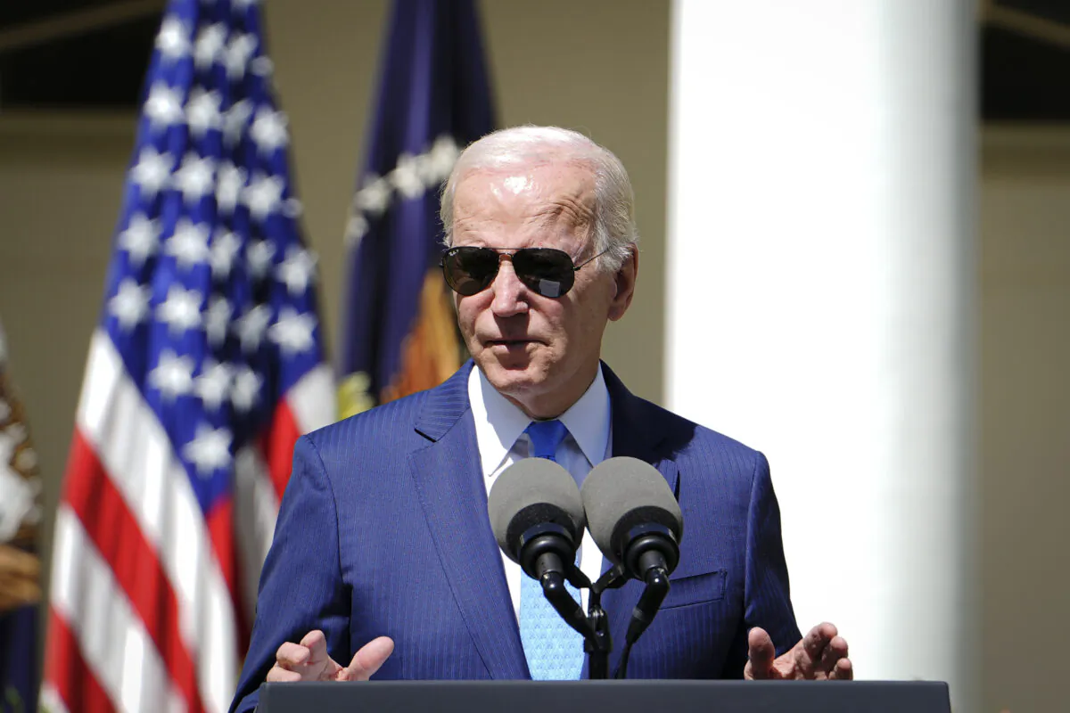 U.S. President Joe Biden speaks about supporting families, care workers, and family caregivers at the Rose Garden of the White House in Washington on April 18, 2023. (Madalina Vasiliu/The Epoch Times)