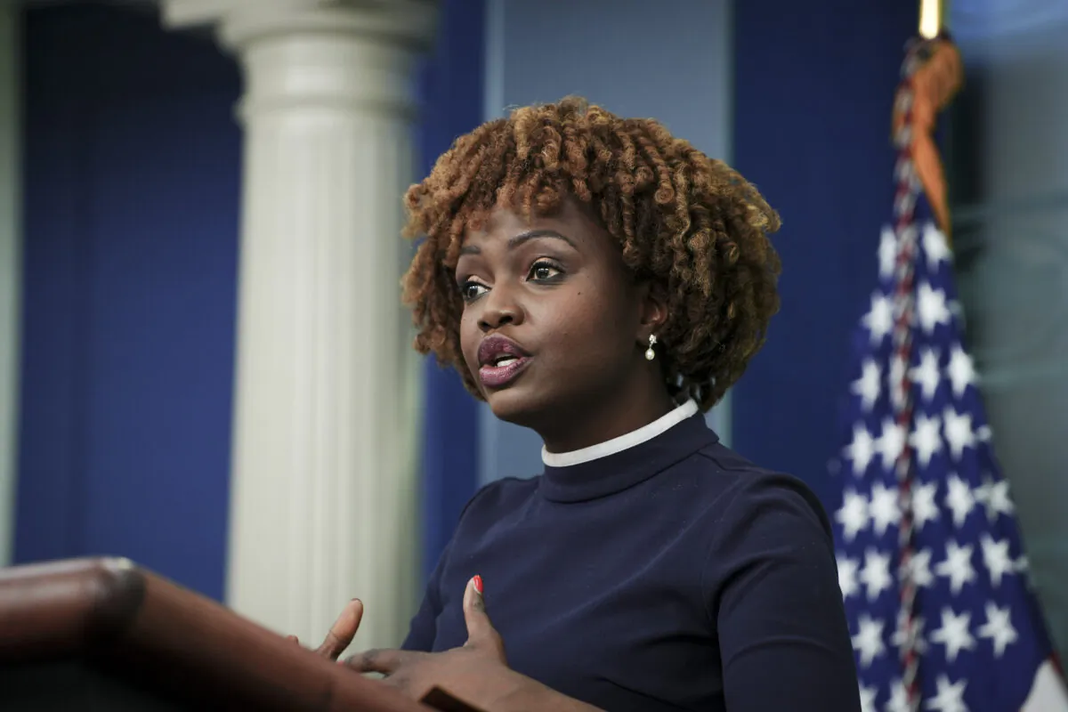 White House Press Secretary Karine Jean-Pierre speaks with reporters in the press briefing room at the White House in Washington on April 18, 2023. (Madalina Vasiliu/The Epoch Times)