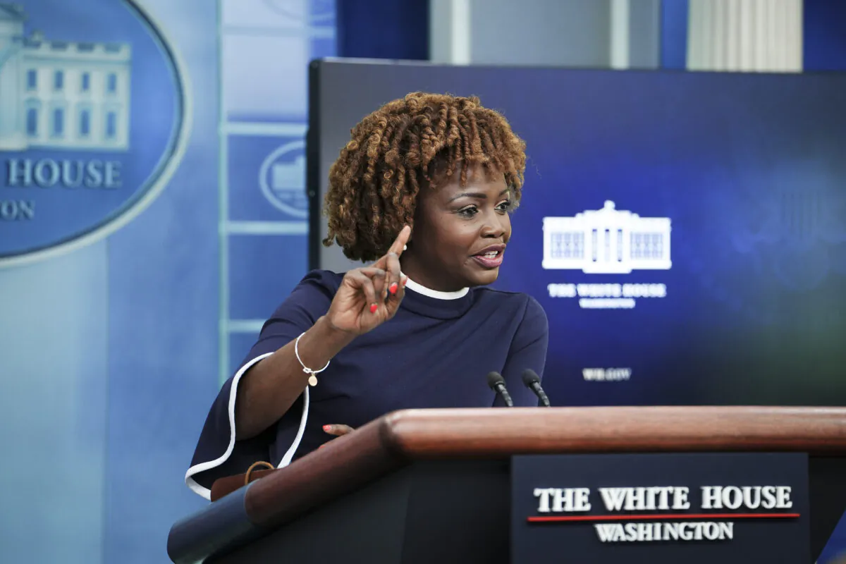 White House Press Secretary Karine Jean-Pierre speaks with reporters in the press briefing room at the White House in Washington, on April 18, 2023. (Madalina Vasiliu/The Epoch Times)