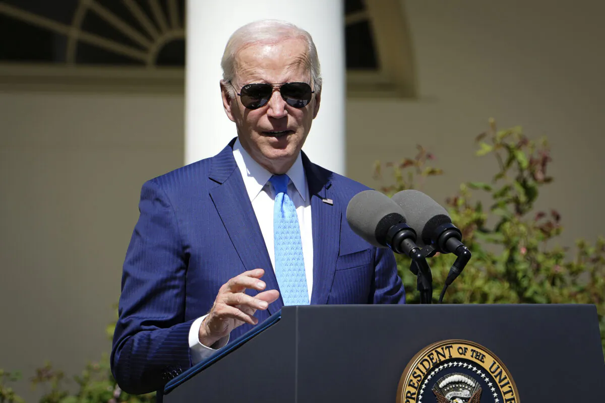 President Joe Biden speaks about supporting families, care workers, and care givers at the White House Rose Garden on April 18, 2023. (Madalina Vasiliu/The Epoch Times)