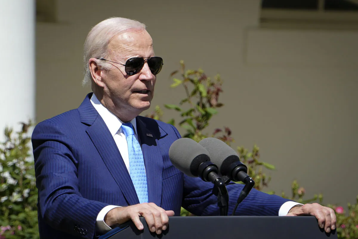 U.S. President Joe Biden speaks about supporting families, care workers, and family caregivers at the Rose Garden of the White House in Washington on April 18, 2023. (Madalina Vasiliu/The Epoch Times)