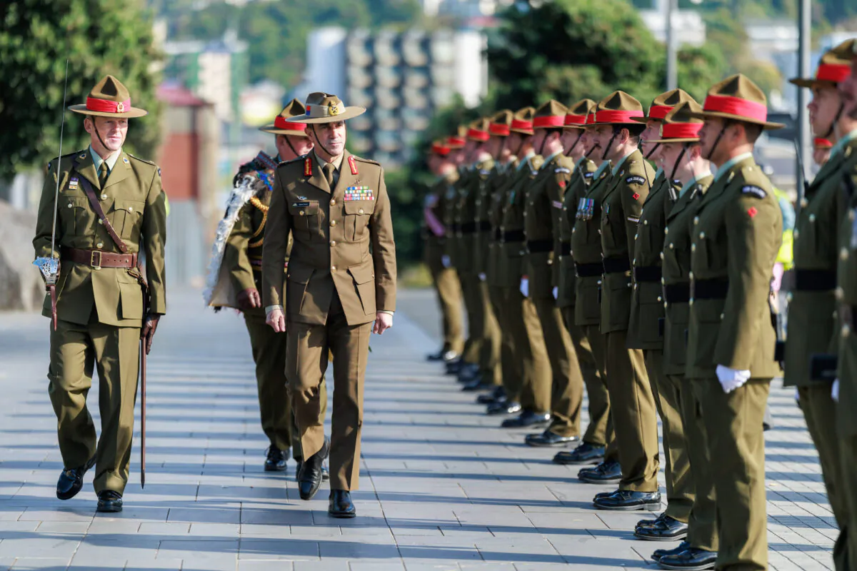 Chief of Army Lieutenant General Simon Stuart inspects the parade at Pukeahu National War Memorial during his visit to Wellington, New Zealand, on April 17, 2023. (CPL Cameron Pegg/Australian Department of Defence)