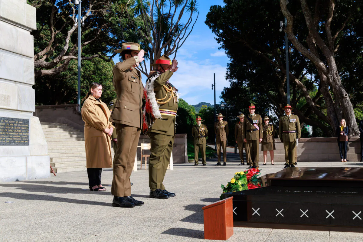 Chief of Army Lieutenant General Simon Stuart, AO, DSC (left) and New Zealand Chief of Army Major General John Boswell, conduct a salute after laying wreaths at the Pukeahu National War Memorial in Wellington, New Zealand, on April 17, 2023. (CPL Cameron Pegg/Australian Department of Defence)