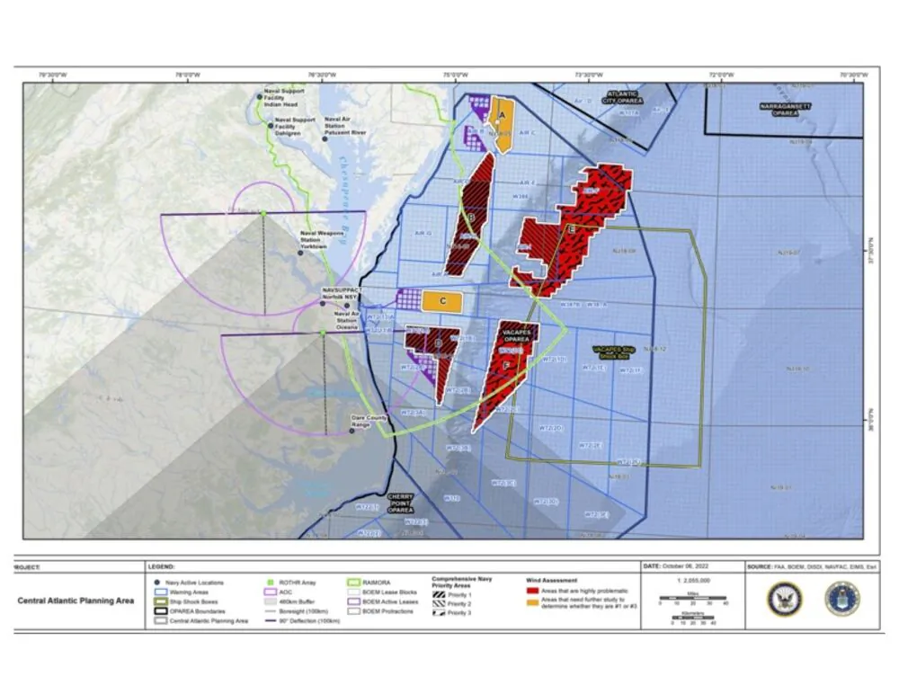 In October 2022, the U.S. Navy and Air Force documented  areas of potential conflicts between Department of Defense activities and proposed offshore wind development. Areas in red are deemed “highly problematic.” Map courtesy of the Bureau of Ocean Energy Management.
