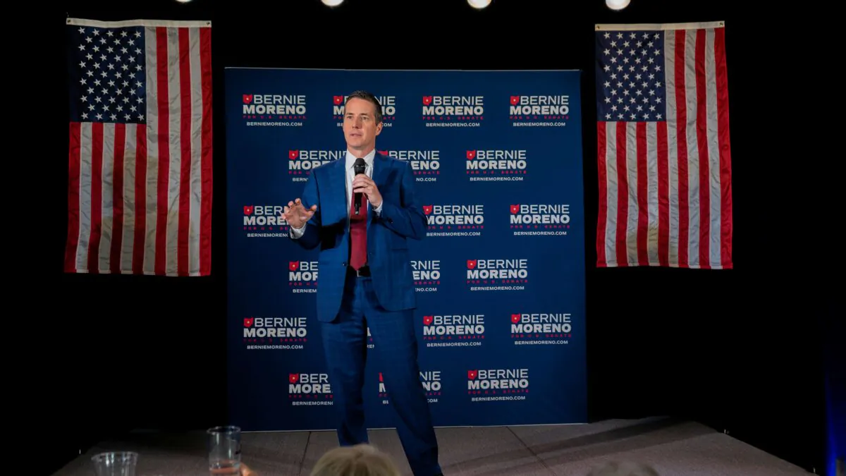 Cleveland entrepreneur Bernie Moreno speaks to supporters at his 2024 U.S. Senate campaign kickoff in suburban Cincinnati on April 18. (Everitt Townsend)