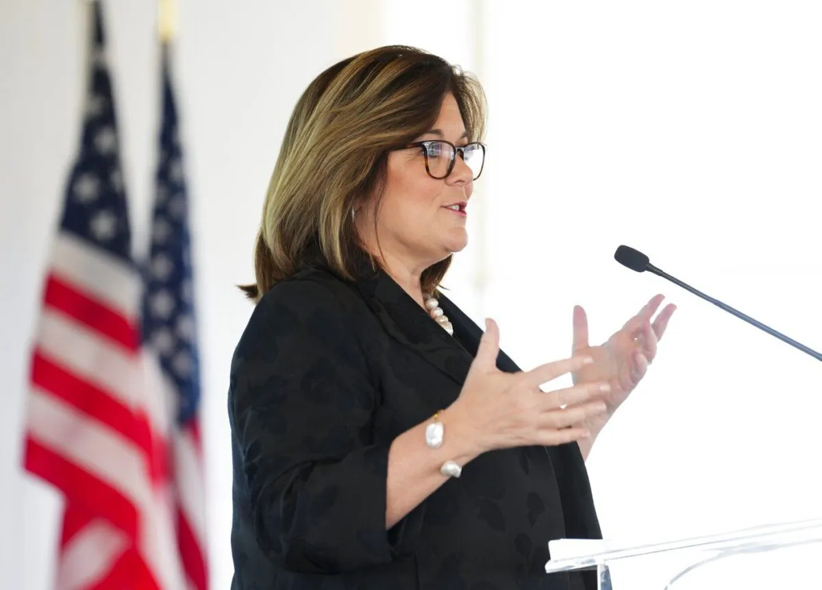 U.S. Chamber of Commerce President and CEO Suzanne Clark delivers a speech in Ottawa on April 19, 2023. (The Canadian Press/Sean Kilpatrick)
