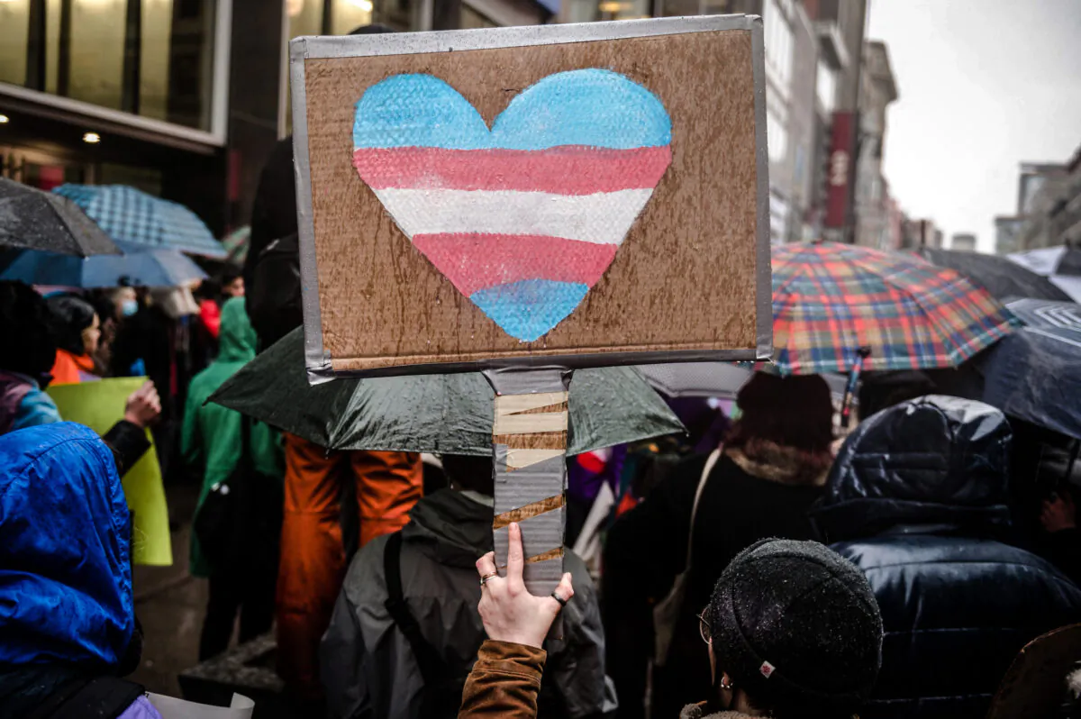 Pro-transgender protesters in Montreal, Canada, on March 17, 2023. (Andrej Ivanov/AFP via Getty Images)
