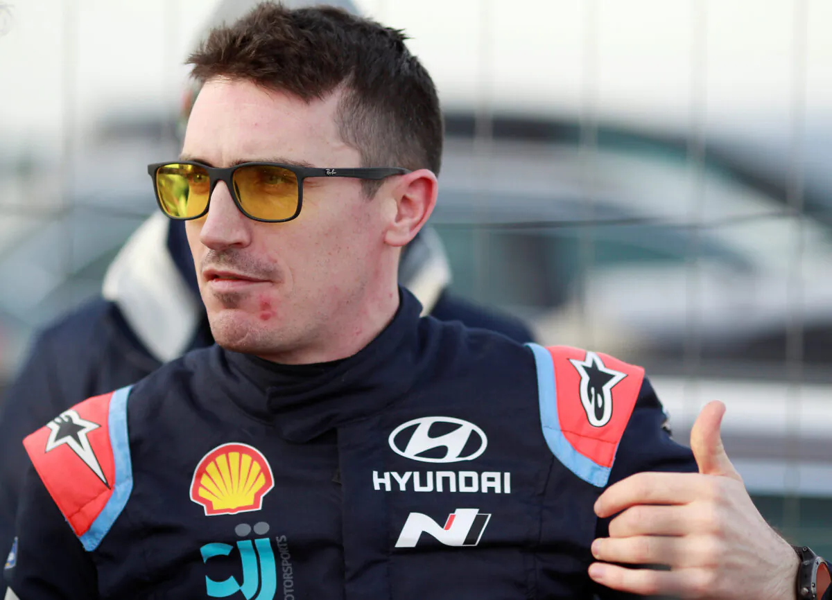 Craig Breen of Ireland gestures after the 4th stage of the Rally Sweden, second round of the FIA World Rally Championship in Torsby, Sweden, on Feb. 14, 2020. (Micke Fransson/TT News Agency via Reuters)