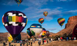 Hot Air Balloons Float in the Skies Above Albuquerque, New Mexico
