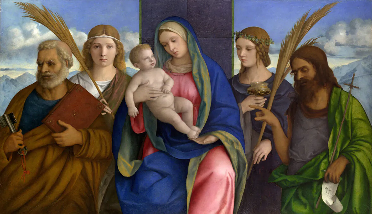 A later painting by Bellini featuring the advanced techniques of coloration and depth of High Renaissance Art. "Madonna And Child With Saints," circa 1510, by Giovanni Bellini and assistants. Tempera and oil on wood. Metropolitan Museum of Art, New York City. (Public Domain)