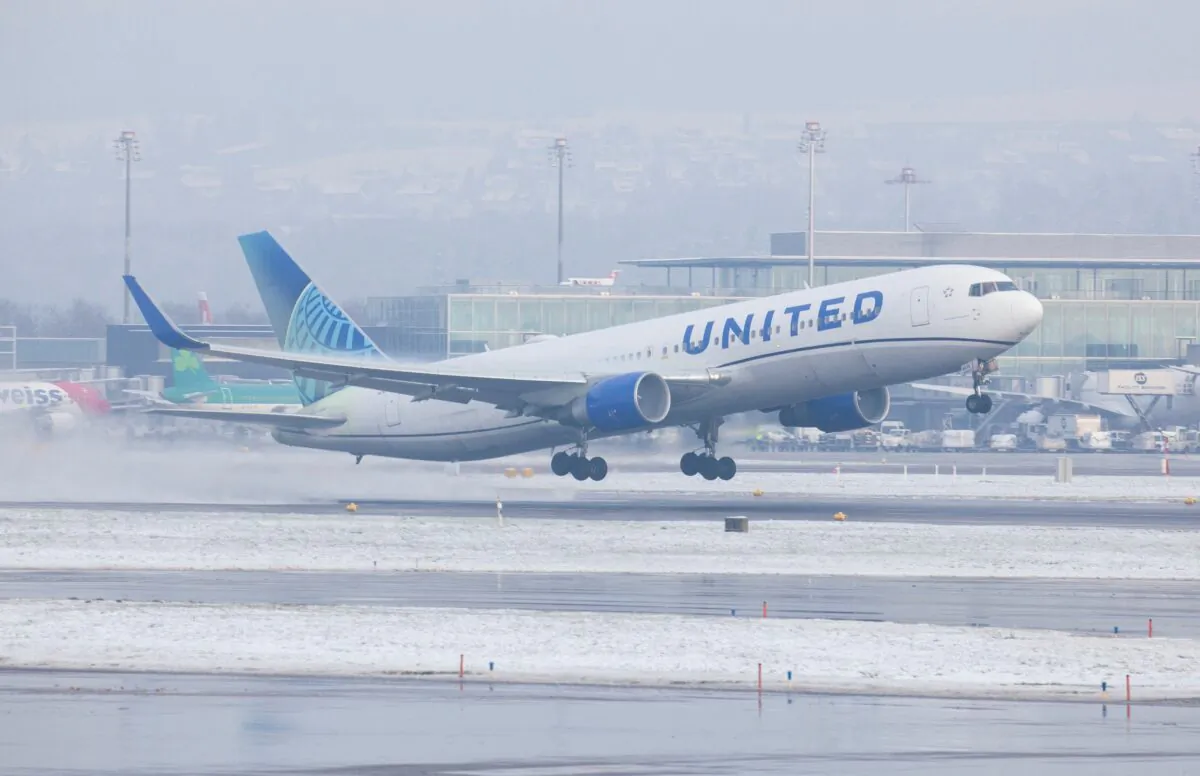 A Boeing 767-322ER aircraft of United Airlines takes off during cold winter weather from Zurich Airport near Ruemlang, Switzerland, on Dec. 14, 2022. (Arnd Wiegmann/Reuters)