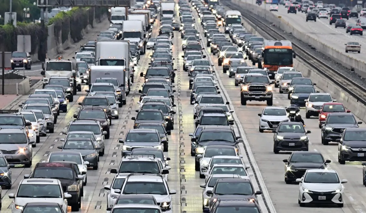 Vehicles head east on a Los Angeles freeway during the evening rush hour commute in Los Angeles, on April 12, 2023. (Frederic Brown/AFP via Getty Images)