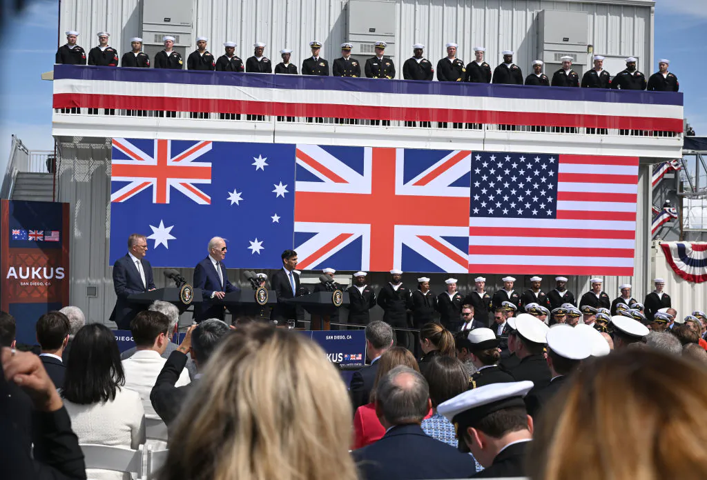 (L-R) Australian Prime Minister Anthony Albanese (L), then-U.S. President Joe Biden, and then-British Prime Minister Rishi Sunak hold a press conference after a trilateral meeting during the AUKUS summit in San Diego, Calif., on March 13, 2023. (Leon Neal/Getty Images)